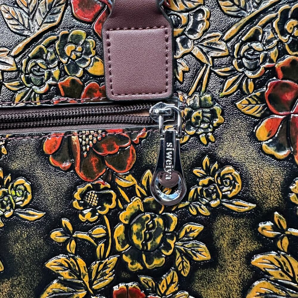 Siweiya Vintage Red Floral Embossed Handbag with Matching Wallet – Dual Handles - Picture 4 of 9